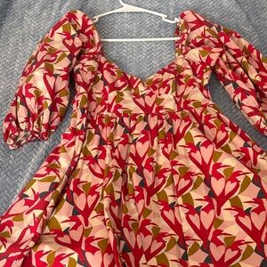 Anthropologie Red and Pink Bird Pattern Dress